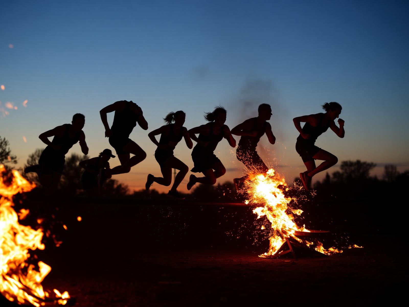 Atletas saltando fogo