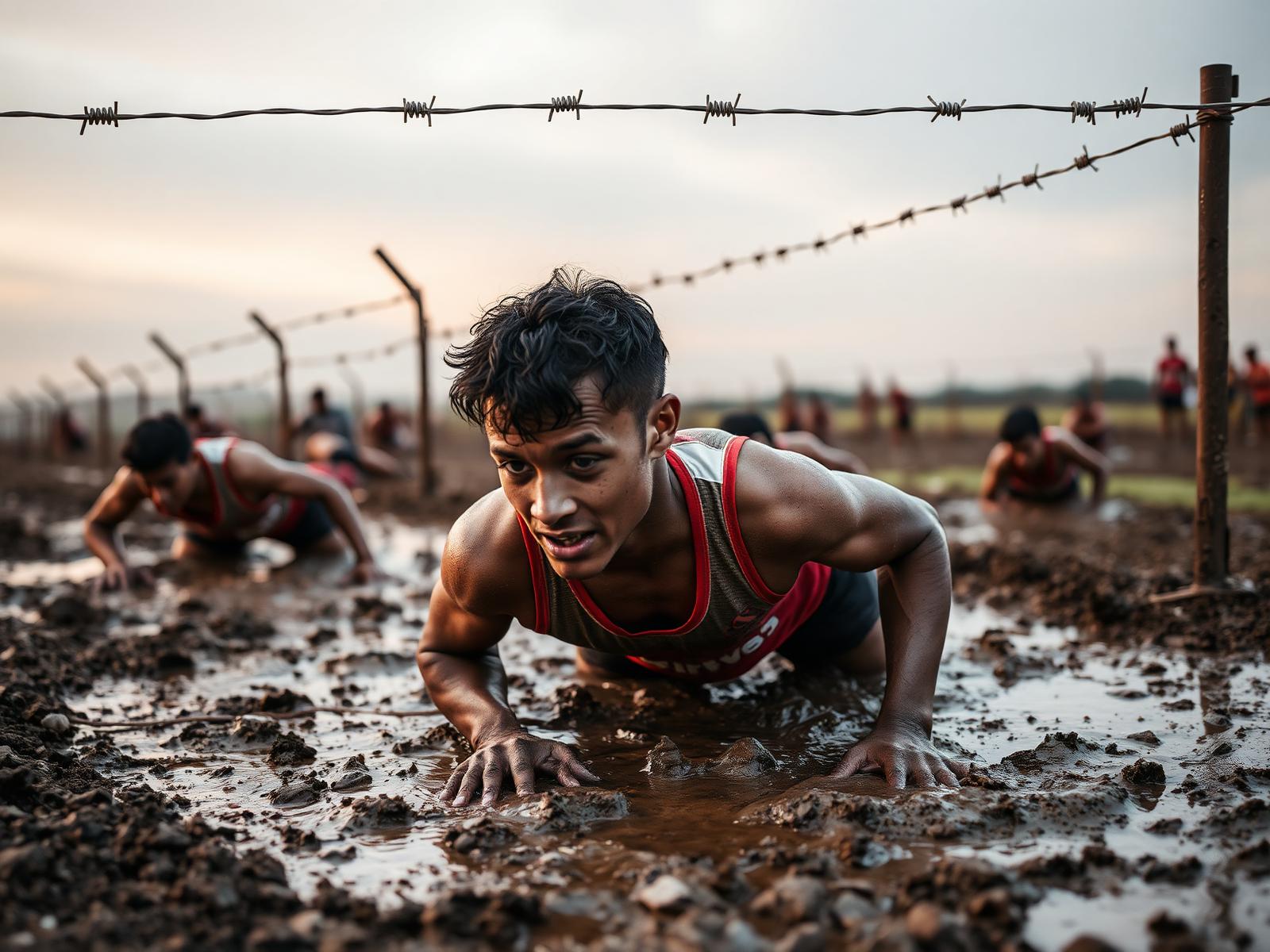 Atleta rastejando na lama