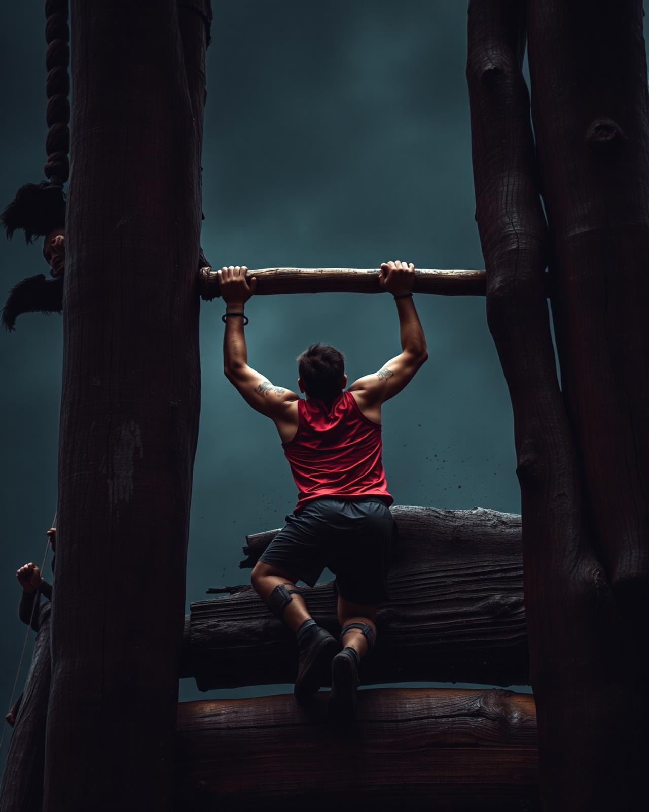 Atleta escalando muro viking